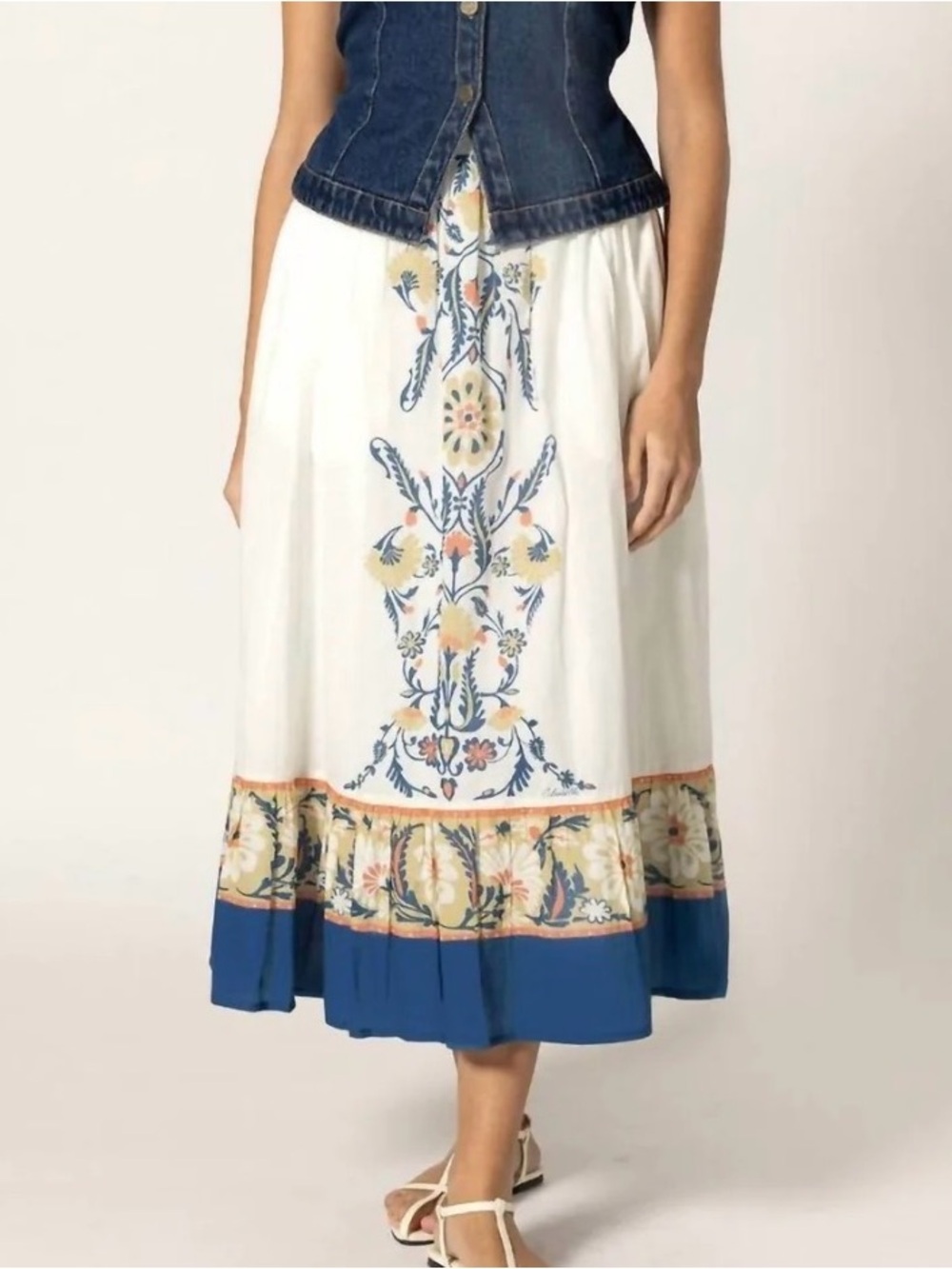 Cleobella Mathilda Cream and Blue Floral Print Midi Skirt | S